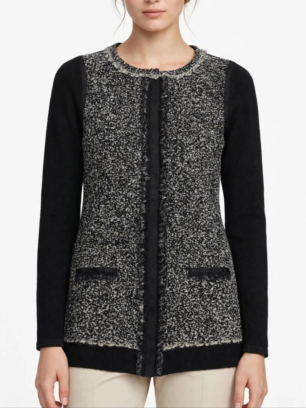 Elie Tahari Nordstrom Black Merino Wool Boucle Fringed Snap Front Jacket Sz S